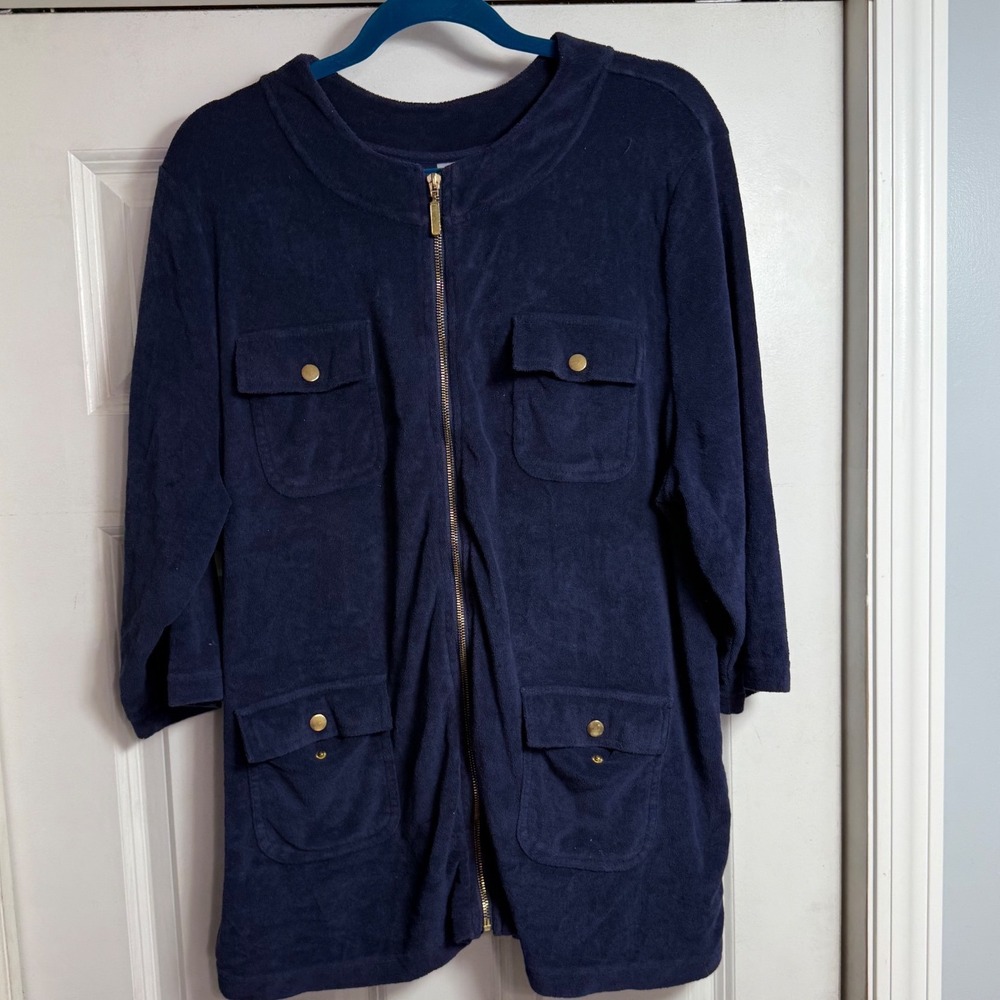 Sport Savvy Womens 1X Navy Blue Terry Cloth Full Zip 3/4 Sleeve Tunic Jacket